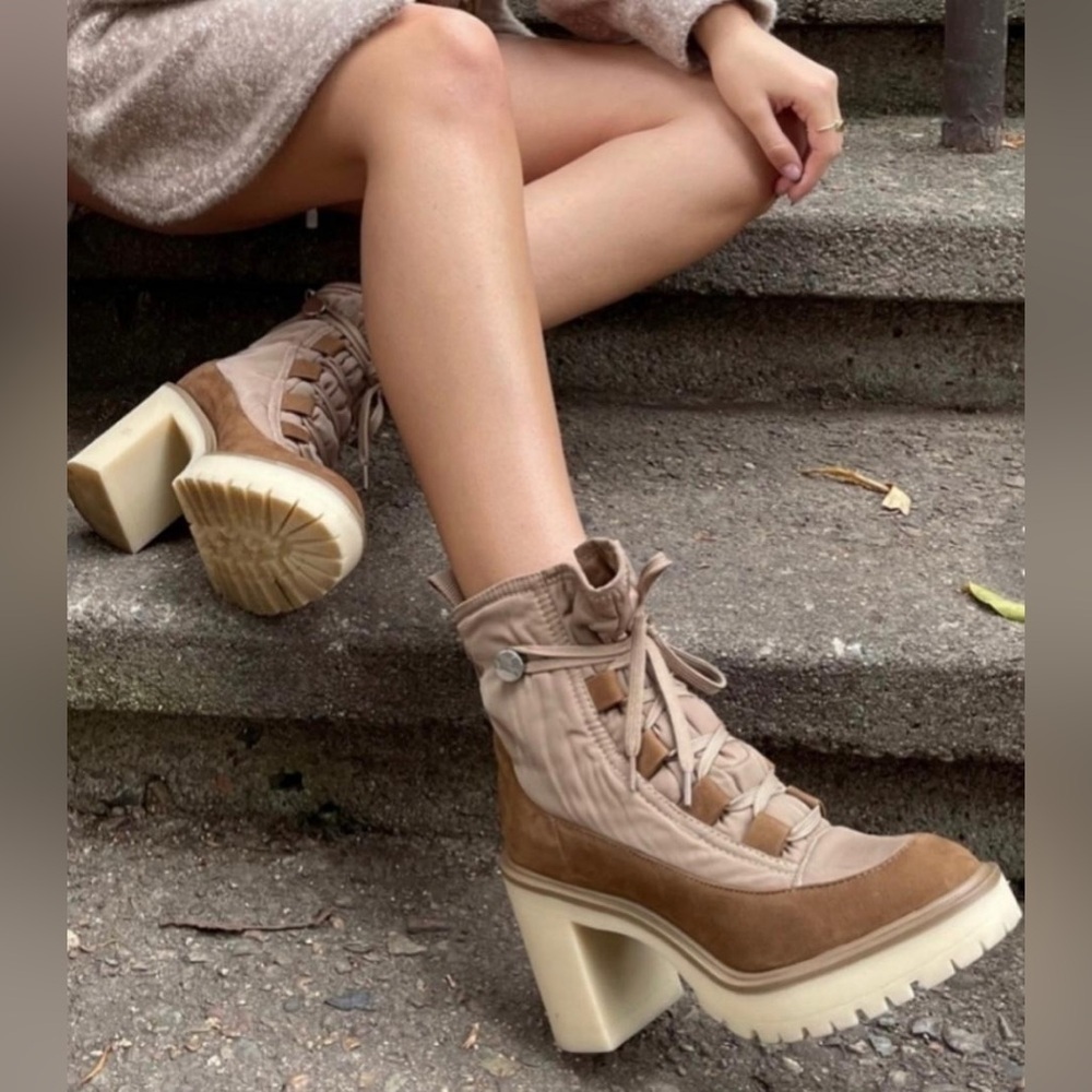 Dolce Vita Celia’s Nylon Leather Lace Up Heeled Lugged Sole Boots